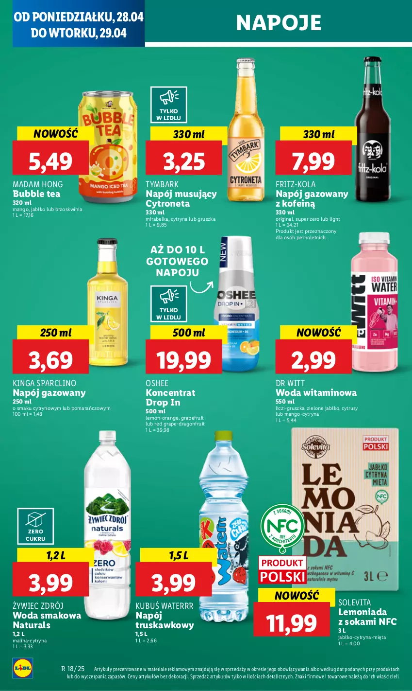 Gazetka promocyjna Lidl - GAZETKA - ważna 28.04 do 29.04.2025 - strona 36 - produkty: Clin, Gin, Gra, Kubuś, Kubuś Waterrr, Lemoniada, Liczi, Mango, Mięta, Mus, Napój, Napój gazowany, Napój musujący, Napoje, Oshee, Sok, Tymbark, Woda