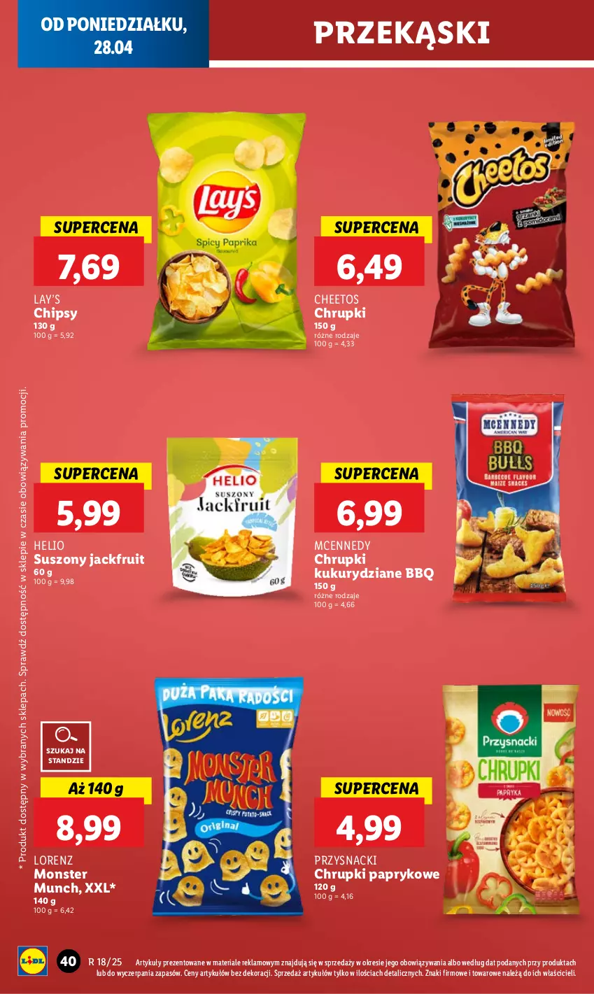 Gazetka promocyjna Lidl - GAZETKA - ważna 28.04 do 29.04.2025 - strona 44 - produkty: Cheetos, Chipsy, Chrupki, Helio, Lay’s, Lorenz, Monster Munch, Przysnacki