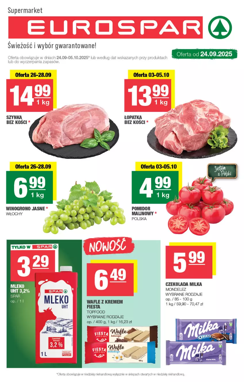 Gazetka promocyjna Spar - EuroSpar - ważna 22.09 do 02.10.2025 - strona 1 - produkty: Czekolada, Milka, Mleko, Szynka, Top, Wafle, Wino