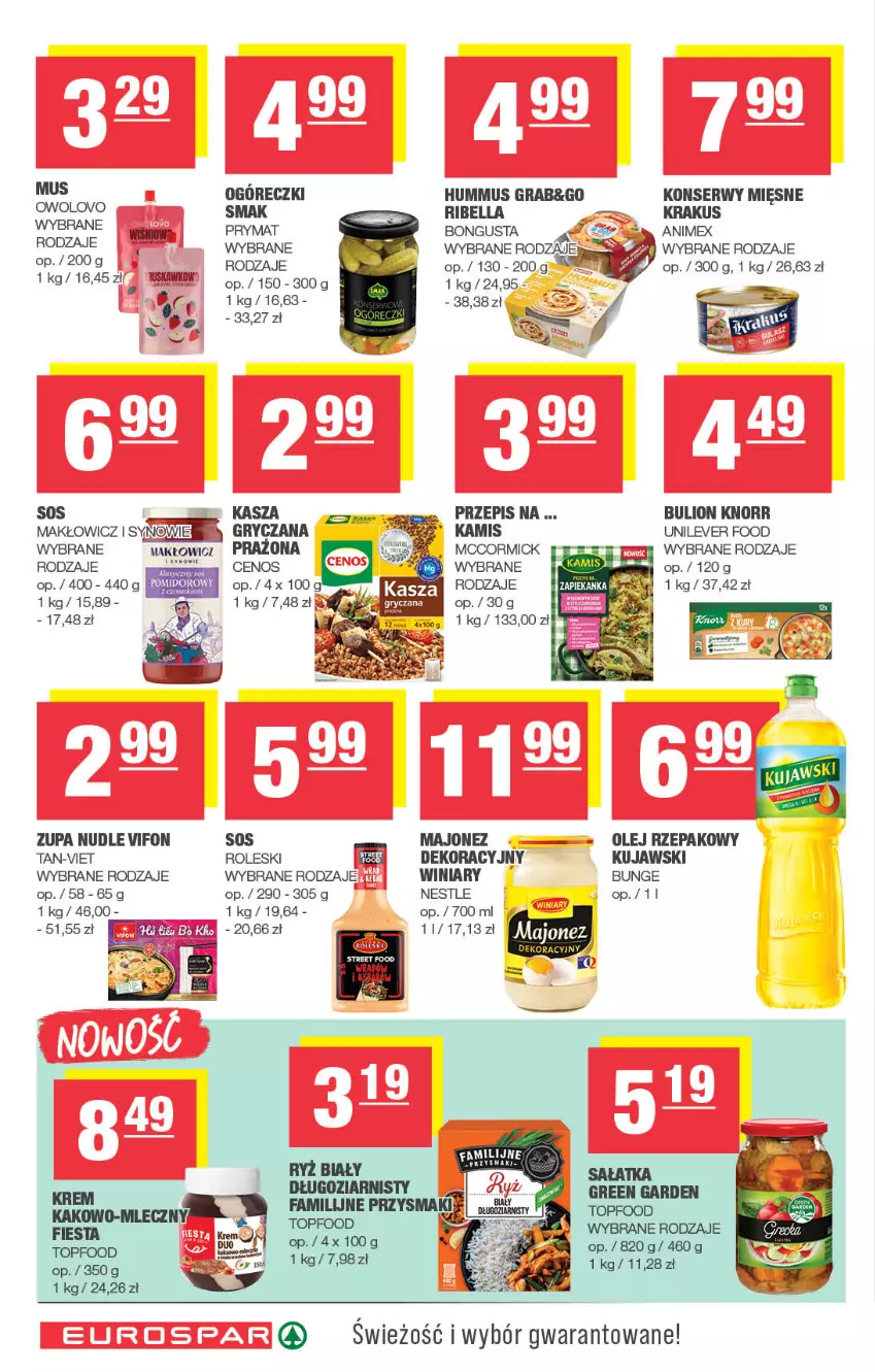 Gazetka promocyjna Spar - EuroSpar - ważna 22.09 do 02.10.2025 - strona 10 - produkty: Bell, Bella, Bulion, Cenos, Fa, Gra, Gry, Hummus, Kamis, Kasza, Knorr, Krakus, Kujawski, Lion, Majonez, Mus, Olej, Olej rzepakowy, Prymat, Przysmaki, Ryż, Ryż biały, Sałat, Sałatka, Ser, Sos, Top, Winiary, Zupa