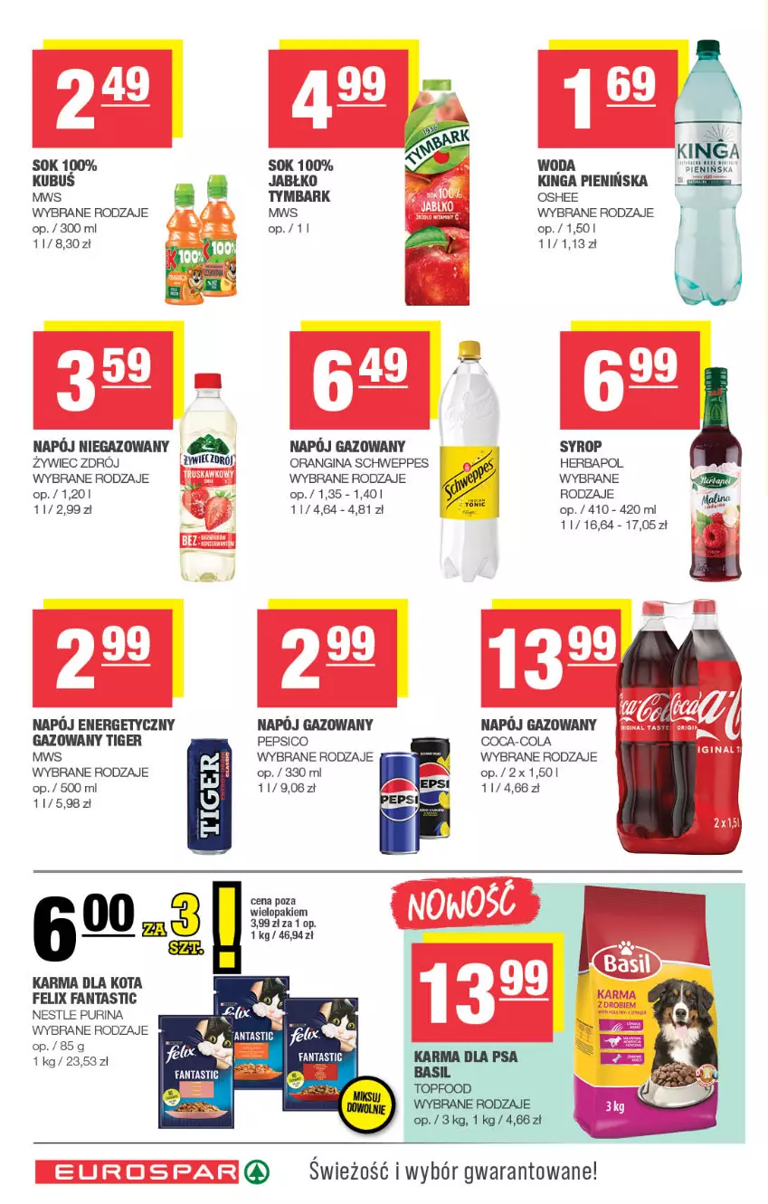 Gazetka promocyjna Spar - EuroSpar - ważna 22.09 do 02.10.2025 - strona 14 - produkty: Coca-Cola, Fa, Fanta, Felix, Gin, Herbapol, Napój, Napój energetyczny, Napój gazowany, Napój niegazowany, Oshee, Pepsi, Pur, Purina, Schweppes, Sok, Syrop, Tiger, Top, Tymbark, Woda