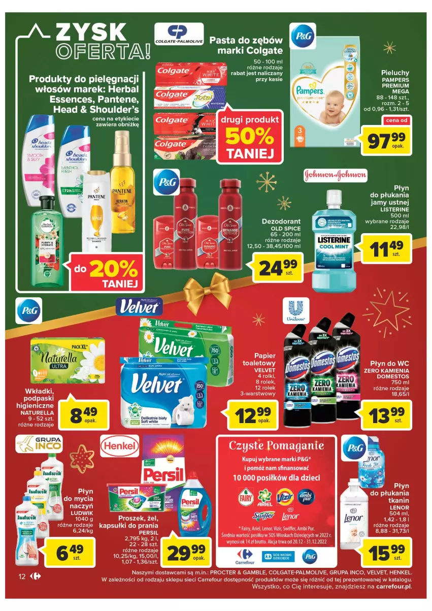 Gazetka promocyjna Carrefour - Gazetka Market - ważna 19.12 do 24.12.2022 - strona 12 - produkty: Ambi Pur, Ariel, Colgate, Dezodorant, Domestos, Dzieci, Fa, Fairy, Kapsułki do prania, Lenor, LG, Listerine, Naturell, Naturella, Old Spice, Palmolive, Pampers, Pantene, Papier, Persil, Płyn do płukania, Płyn do płukania jamy ustnej, Płyn do wc, Podpaski, Pur, Rolki, Sos, Velvet, Vizir, Wkładki