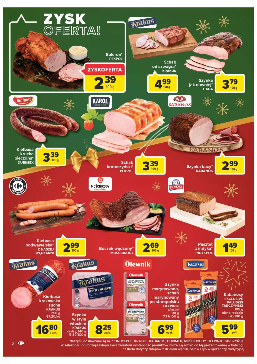 Gazetka promocyjna Carrefour - Gazetka Market - ważna 19.12 do 24.12.2022 - strona 2 - produkty: Boczek, Gra, Kabanos, Kiełbasa, Kiełbasa podwawelska, Krakus, Olewnik, Pekpol, Piec, Schab krotoszyński, Ser, Szynka, Tarczyński, Wawel