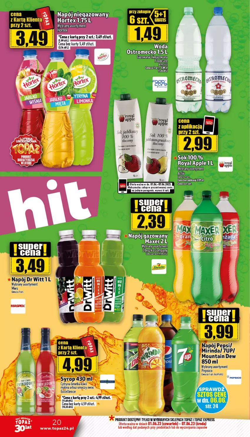 Gazetka promocyjna Topaz - Gazetka - ważna 01.06 do 07.06.2023 - strona 20 - produkty: Hortex, Maxer, Napój, Pepsi, Sok, Top, Woda