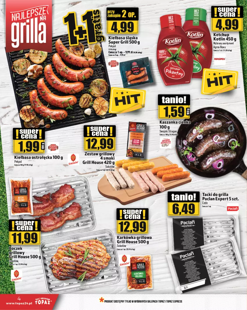 Gazetka promocyjna Topaz - Gazetka - ważna 20.06 do 26.06.2024 - strona 4 - produkty: Grill, Kiełbasa, Kotlin, Pekpol, Sok, Sokołów, Top