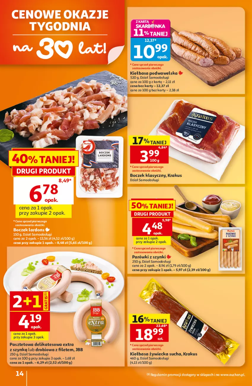 Gazetka promocyjna Auchan - 30 Lat Hipermarket - ważna 29.10 do 04.11.2026 - strona 14 - produkty: Boczek, Kiełbasa, Kiełbasa podwawelska, Krakus, Parówki, Parówki z szynki, Pasztet, Wawel
