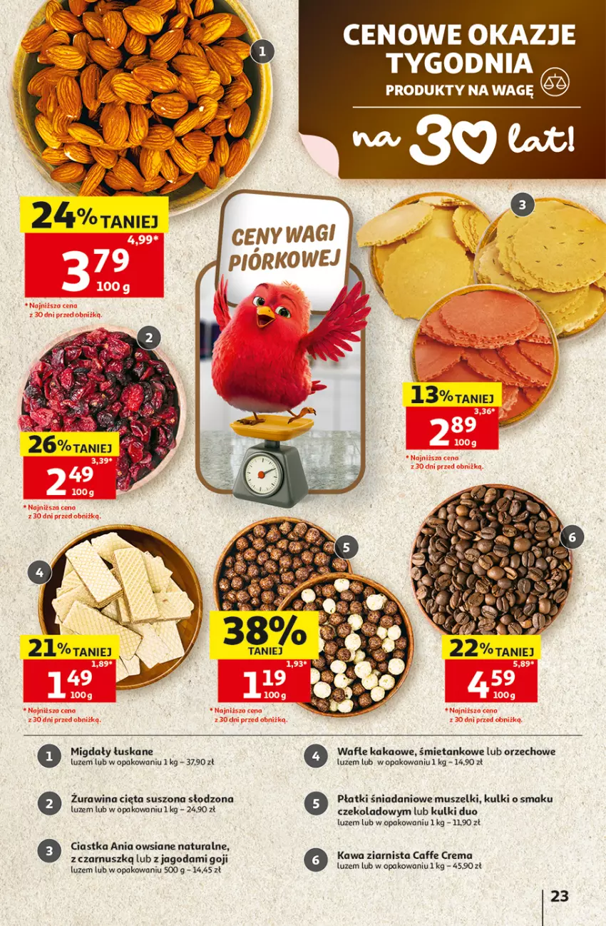 Gazetka promocyjna Auchan - 30 Lat Hipermarket - ważna 29.10 do 04.11.2026 - strona 23 - produkty: Ciastka, Danio, Kakao, Kawa, Kawa ziarnista, Migdały, Mus, Wafle