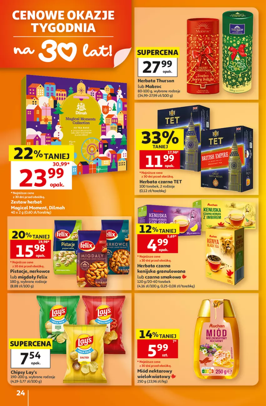 Gazetka promocyjna Auchan - 30 Lat Hipermarket - ważna 29.10 do 04.11.2026 - strona 24 - produkty: Chipsy, Felix, Gra, Herbata, Herbata czarna, Migdały, Miód, Moments, Nektar, Pistacje, Stół