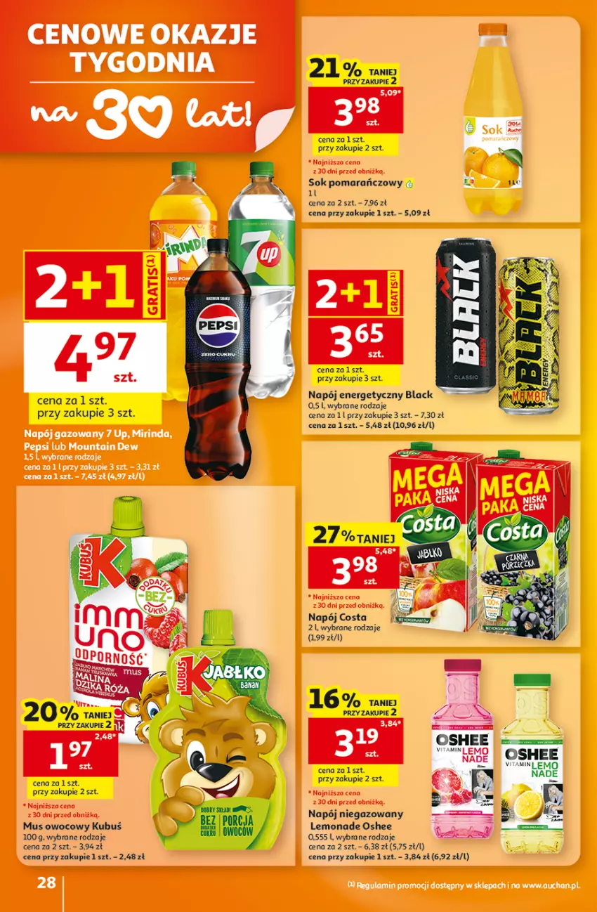 Gazetka promocyjna Auchan - 30 Lat Hipermarket - ważna 29.10 do 04.11.2026 - strona 28 - produkty: Lack, Mus, Napój, Napój energetyczny, Napój niegazowany, Oshee, Sok, Sok pomarańczowy