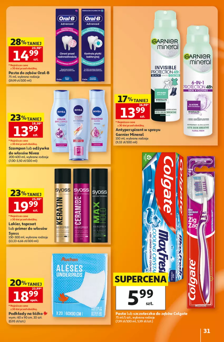 Gazetka promocyjna Auchan - 30 Lat Hipermarket - ważna 29.10 do 04.11.2026 - strona 31 - produkty: Antyperspirant, Garnier, Lakier, Nivea, Odżywka, Pasta do zębów, Podkład, Syoss, Szampon, Top