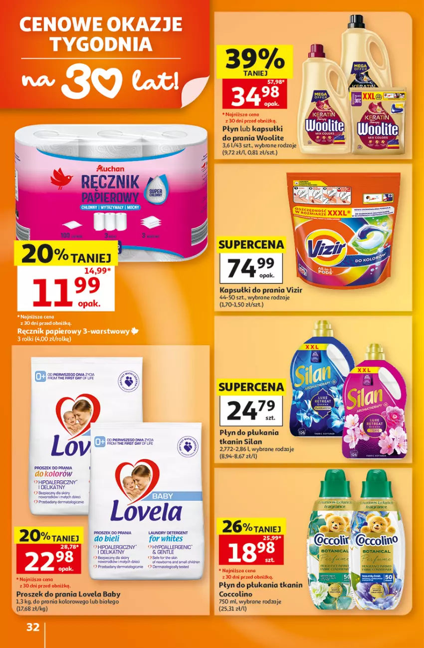 Gazetka promocyjna Auchan - 30 Lat Hipermarket - ważna 29.10 do 04.11.2026 - strona 32 - produkty: Coccolino, Fa, Gra, Kapsułki do prania, Lovela, Papier, Płyn do płukania, Proszek do prania, Ręcznik, Silan, Vizir, Woolite