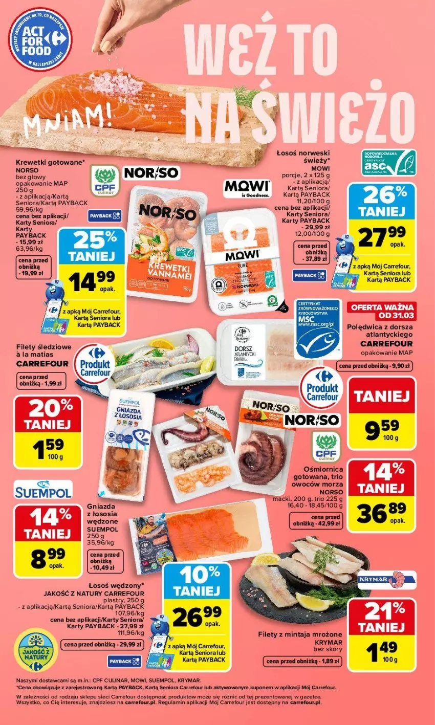 Gazetka promocyjna Carrefour - Gazetka Weź to na świeżo - ważna 30.03 do 04.04.2026 - strona 5 - produkty: Dorsz, Krewetki, Mintaj, Polędwica, Por, Sos, Suempol