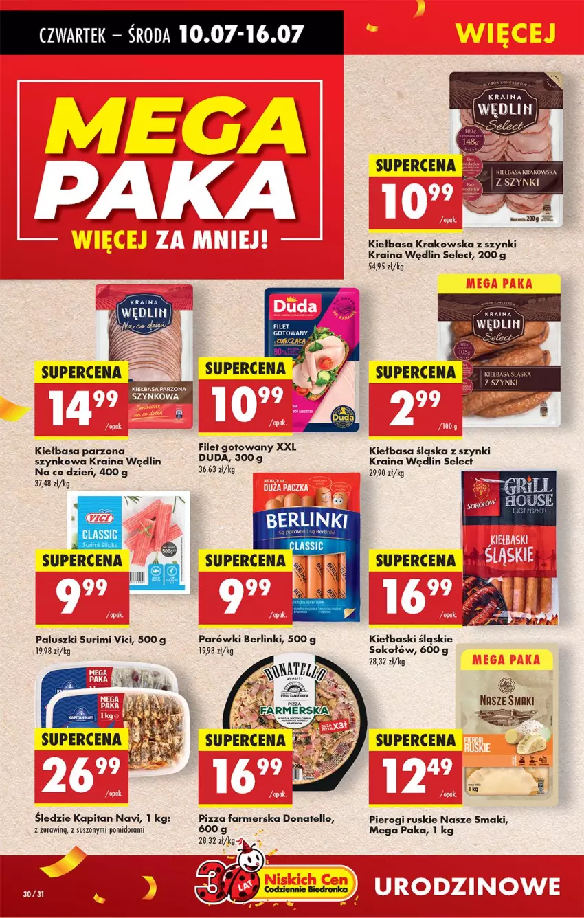 Gazetka promocyjna Biedronka - Od Czwartku - ważna 10.07 do 16.07.2025 - strona 36 - produkty: Berlinki, Duda, Fa, Kiełbasa, Kiełbasa krakowska, Kiełbasa śląska, Kiełbaski śląskie, Parówki, Piec, Pierogi, Pizza, Sok, Sokołów, Surimi