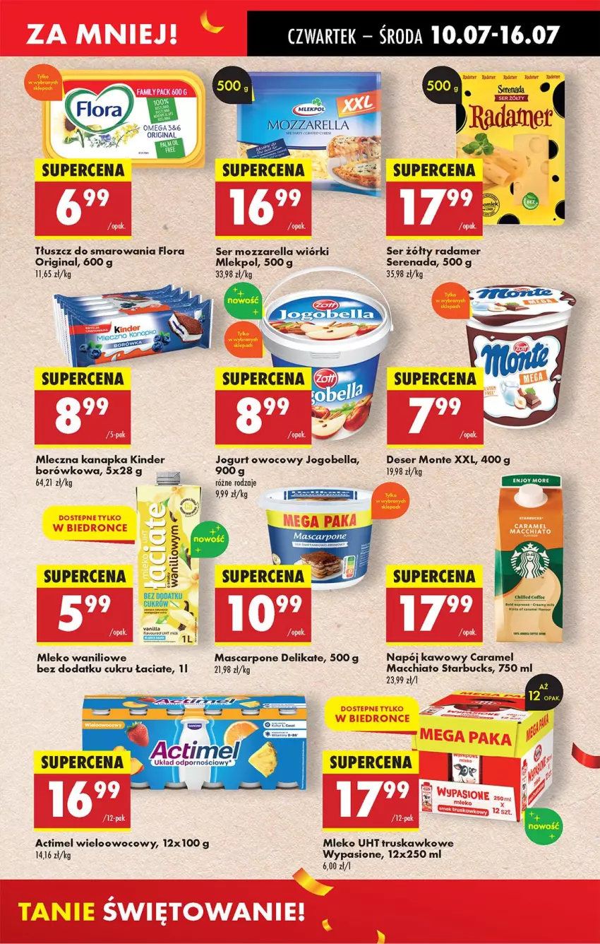 Gazetka promocyjna Biedronka - Od Czwartku - ważna 10.07 do 16.07.2025 - strona 37 - produkty: Actimel, Bell, Bella, Chia, Deser, Flora, Gin, Jogobella, Jogurt, Jogurt owocowy, Kinder, Mascarpone, Mleczna kanapka, Mleko, Monte, Mozzarella, Napój, Radamer, Ser