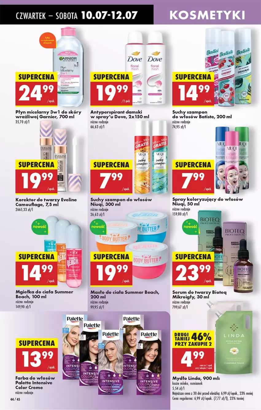 Gazetka promocyjna Biedronka - Od Czwartku - ważna 10.07 do 16.07.2025 - strona 52 - produkty: Antyperspirant, Batiste, Dove, Eveline, Fa, Farba do włosów, Garnier, Korektor do twarzy, Masło, Masło do ciała, Mleko, Mydło, Niuqi, Palette, Płyn micelarny, Rum, Ser, Serum, Serum do twarzy, Suchy szampon, Szampon