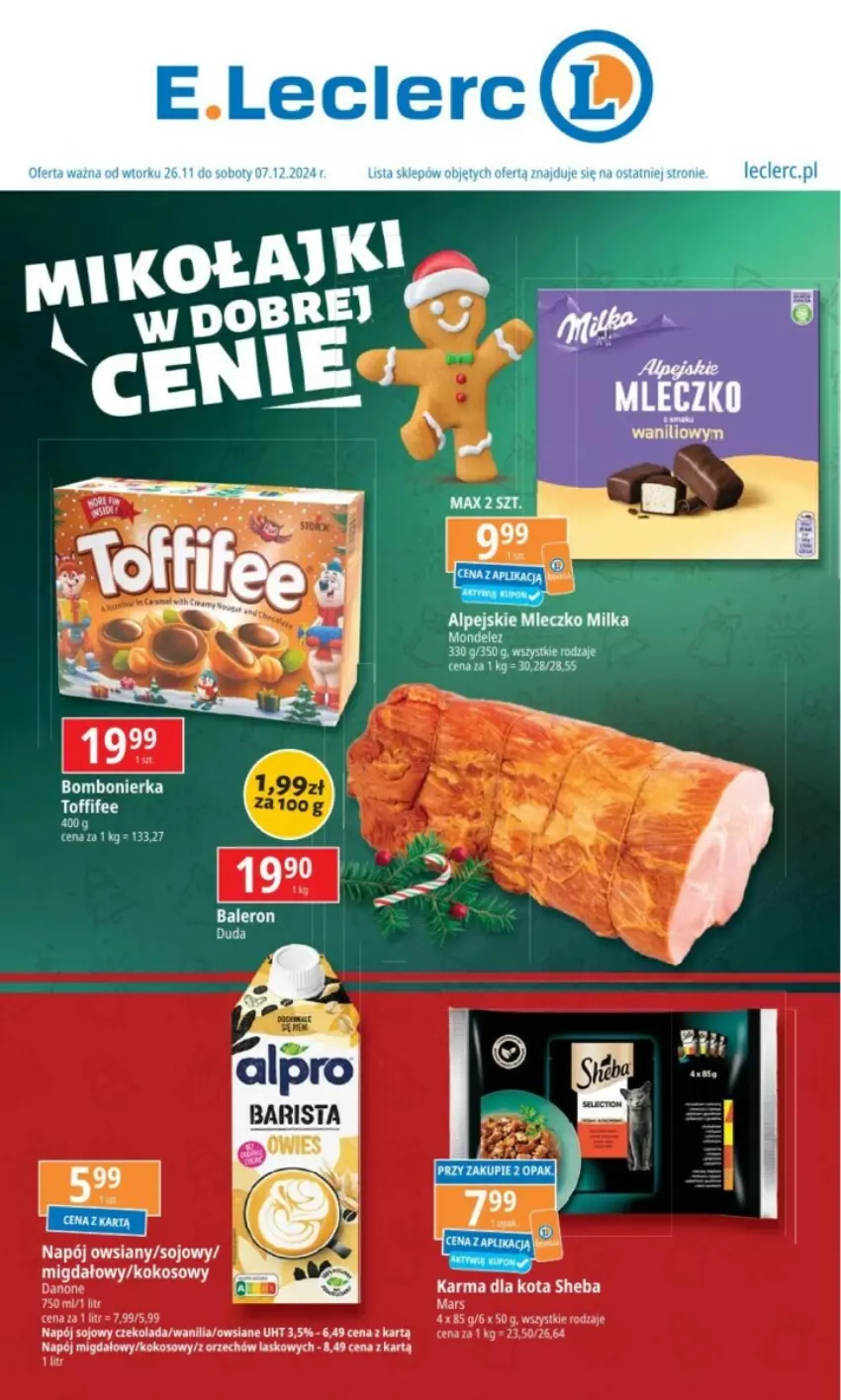 Gazetka promocyjna E Leclerc - ważna 26.11 do 07.12.2024 - strona 1 - produkty: Czekolada, Kokos, Mars, Milka, Mleczko, Napój, Sheba, Toffifee