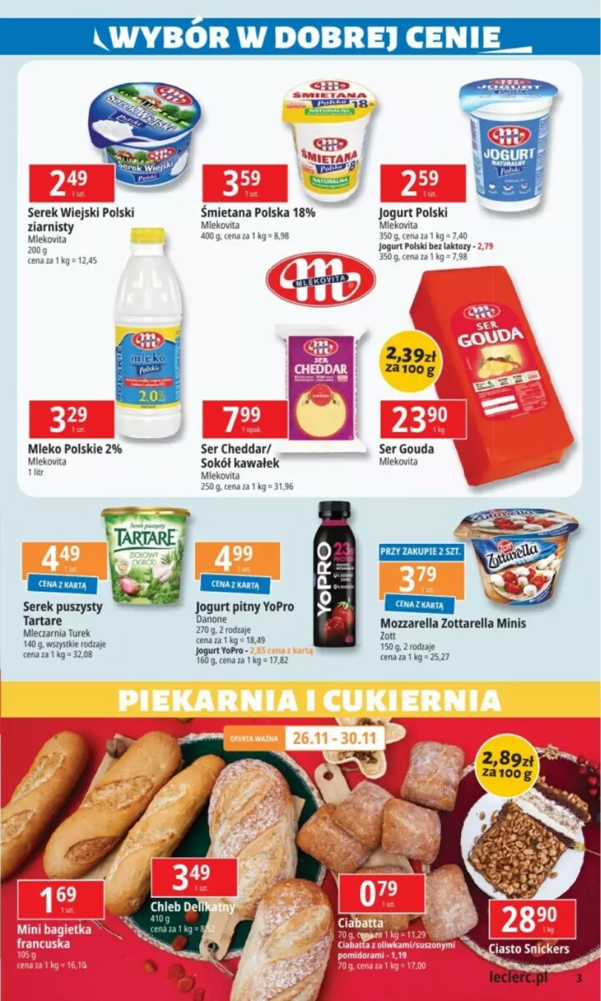 Gazetka promocyjna E Leclerc - ważna 26.11 do 07.12.2024 - strona 23 - produkty: Cheddar, Danone, Gouda, Jogurt, Jogurt pitny, Kawa, Mleko, Mlekovita, Mozzarella, Ser, Serek, Serek puszysty, Serek wiejski, Sok, Sokół, Tarta, Tartare, Wałek, Zott, Zottarella