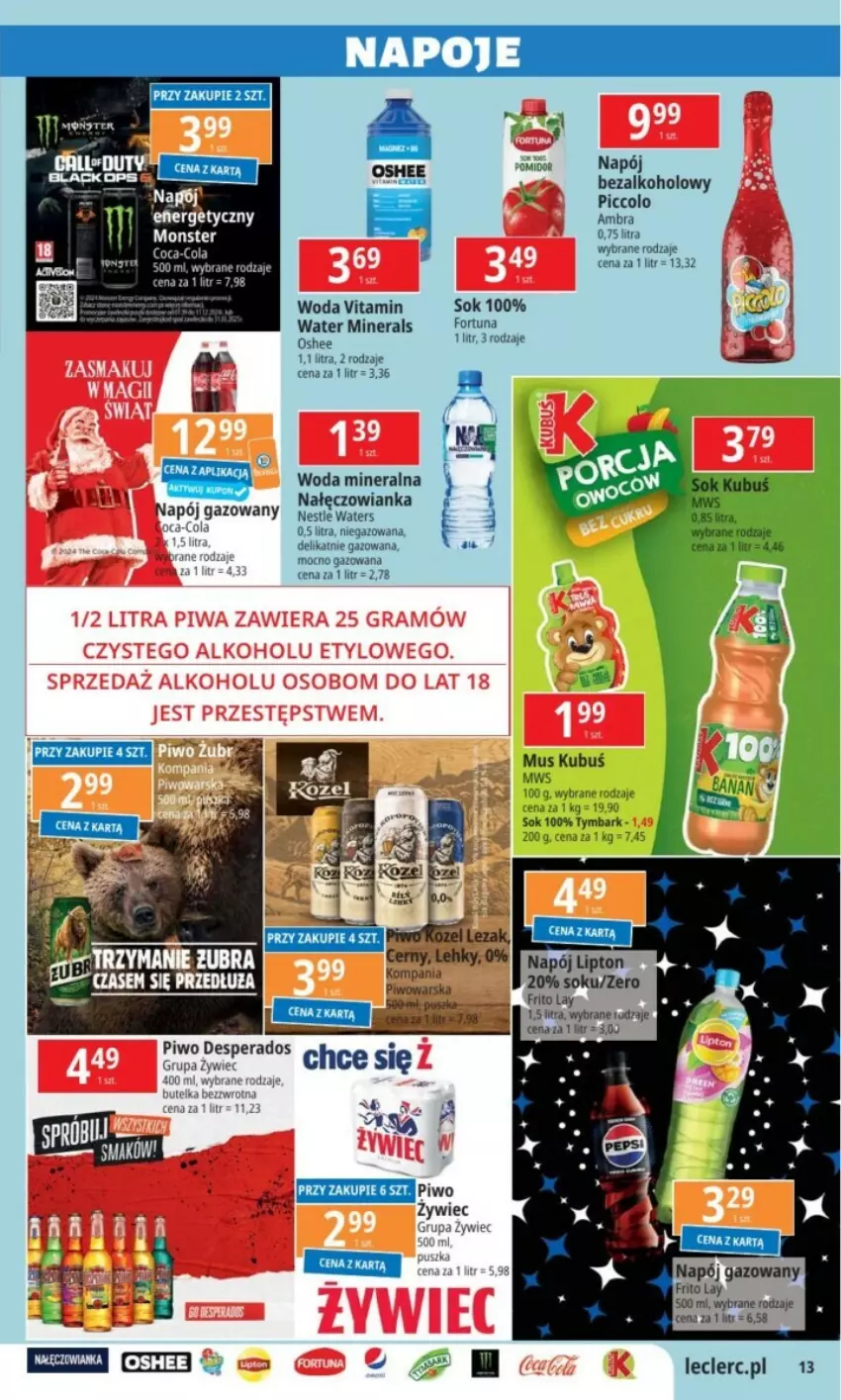 Gazetka promocyjna E Leclerc - ważna 26.11 do 07.12.2024 - strona 5 - produkty: Desperados, K2, Kubuś, Lipton, Mus, Napój, Napoje, Oshee, Piwo, Sok, Tymbark, Woda, Woda mineralna