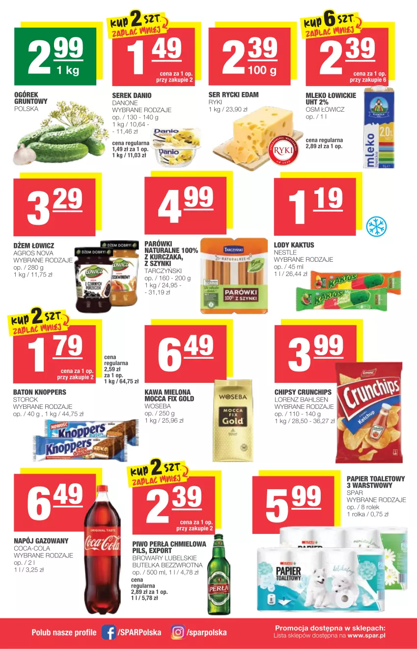 Gazetka promocyjna Spar - Express - ważna 21.07 do 27.07.2021 - strona 2 - produkty: Baton, Chipsy, Coca-Cola, Crunchips, Danio, Danone, Dżem, Edam, Grunt, Kaktus, Kawa, Kawa mielona, Knoppers, Kurczak, Lody, Lorenz, Mleko, Mocca Fix Gold, Ogórek, Papier, Papier toaletowy, Parówki, Perła, Piwo, Por, Rycki Edam, Ser, Serek, Tarczyński, Woseba