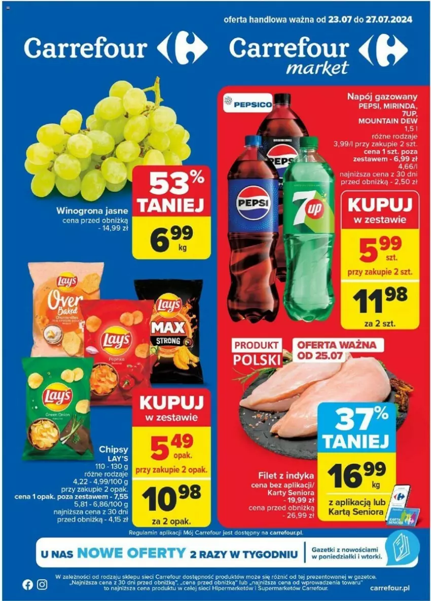 Gazetka promocyjna Carrefour - ważna 23.07 do 27.07.2024 - strona 1 - produkty: 7up, Mirinda, Napój, Napój gazowany, Pepsi, Wino, Winogrona