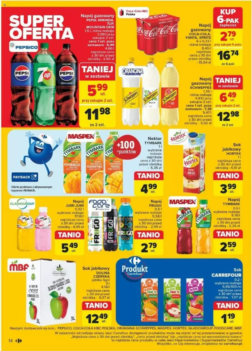 Gazetka promocyjna Carrefour - ważna 23.07 do 27.07.2024 - strona 8 - produkty: Coca-Cola, Fa, Fanta, Gin, Hortex, Napój, Nektar, Pepsi, Schweppes, Sok, Sok jabłkowy, Sprite, Tymbark
