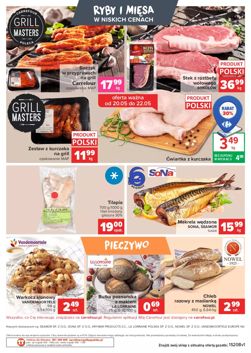 Gazetka promocyjna Carrefour - Gazetka Targi świeżości - ważna 17.05 do 24.05.2021 - strona 2 - produkty: Boczek, Bułka, Chleb, Glazura, Grill, Koc, Kurczak, Lazur, Piec, Pieczywo, Rostbef, Sok, Sokołów, Stek, Tilapia, Tusz