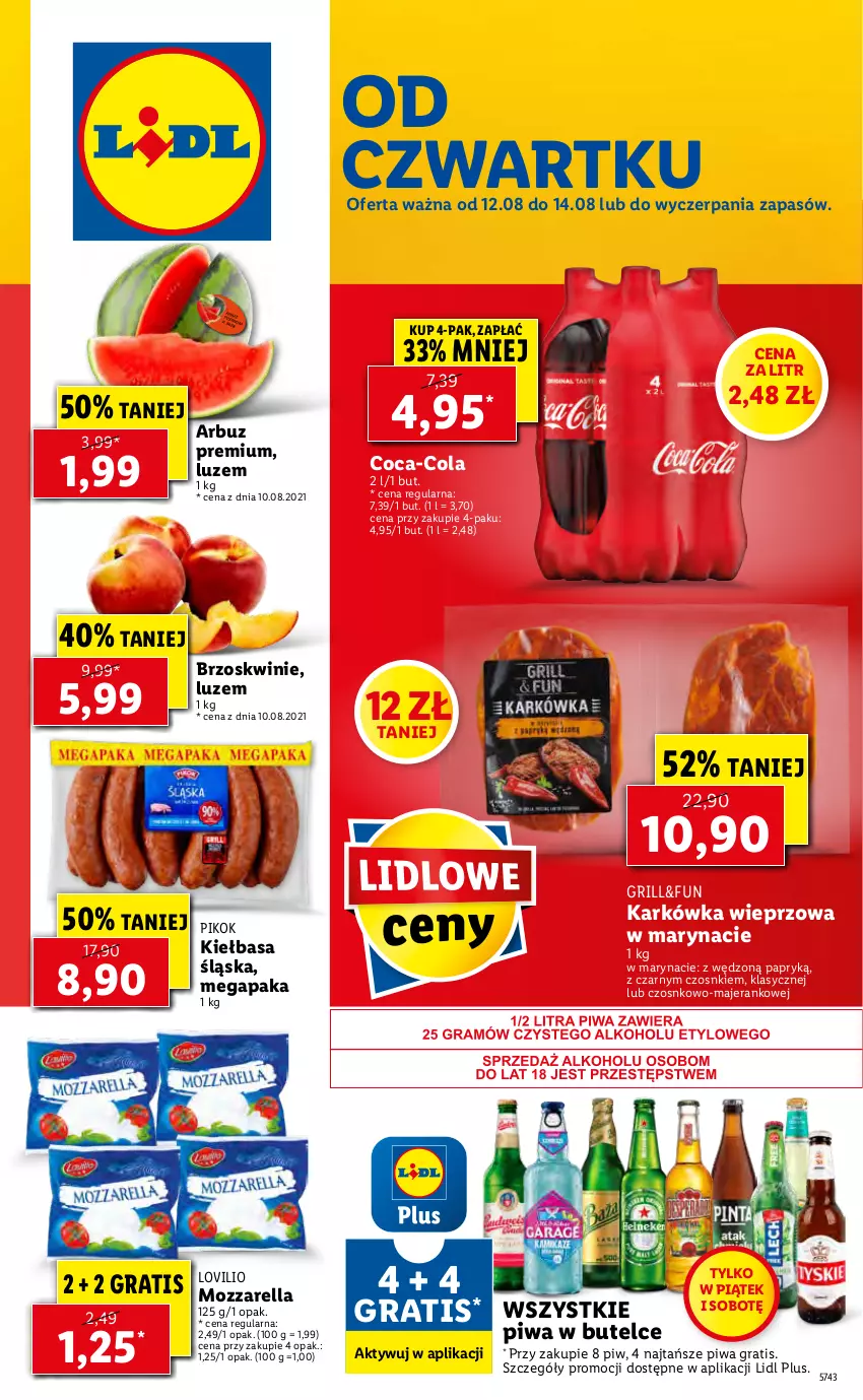 Gazetka promocyjna Lidl - GAZETKA - ważna 12.08 do 14.08.2021 - strona 1 - produkty: Arbuz, Brzoskwinie, Coca-Cola, Gra, Grill, Karkówka wieprzowa, Kiełbasa, Kiełbasa śląska, Lovi, Mozzarella, PIKOK, Piwa