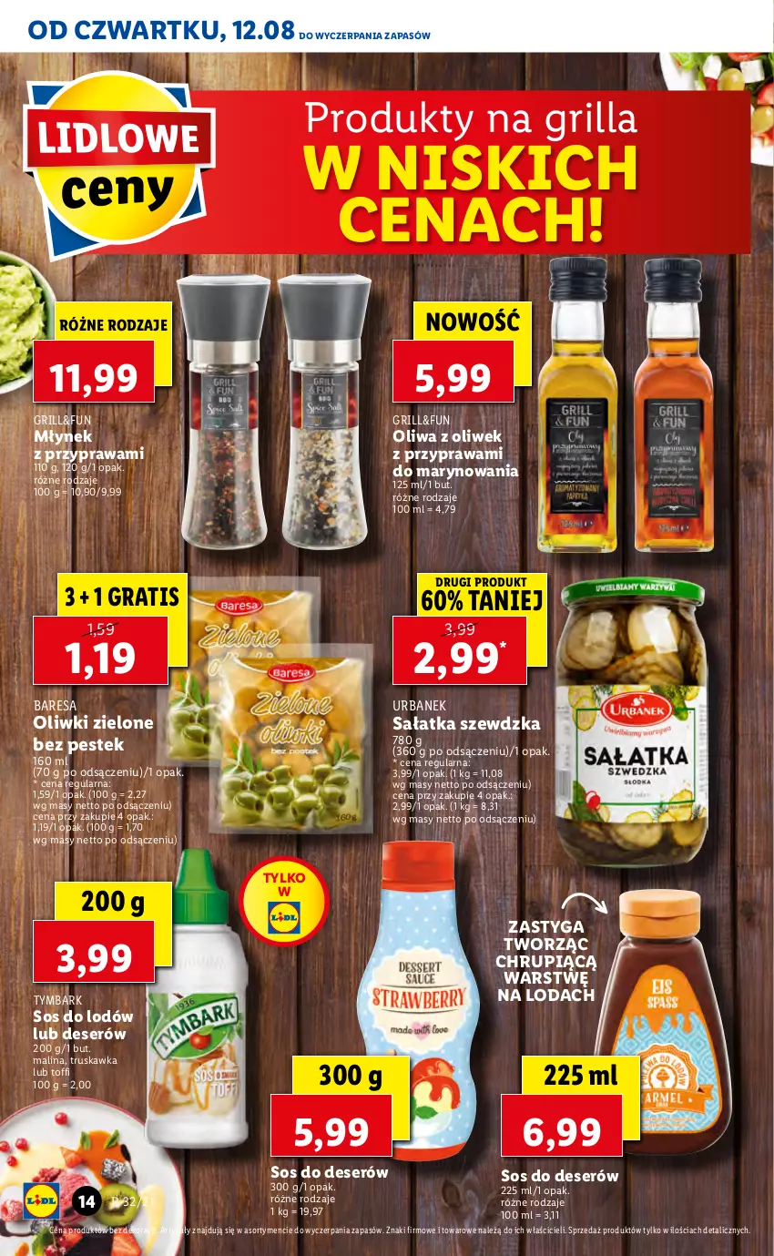 Gazetka promocyjna Lidl - GAZETKA - ważna 12.08 do 14.08.2021 - strona 14 - produkty: Deser, Gra, Grill, Młynek, Oliwa z oliwek, Oliwki, Oliwki zielone, Sałat, Sałatka, Ser, Sos, Stek, Tymbark