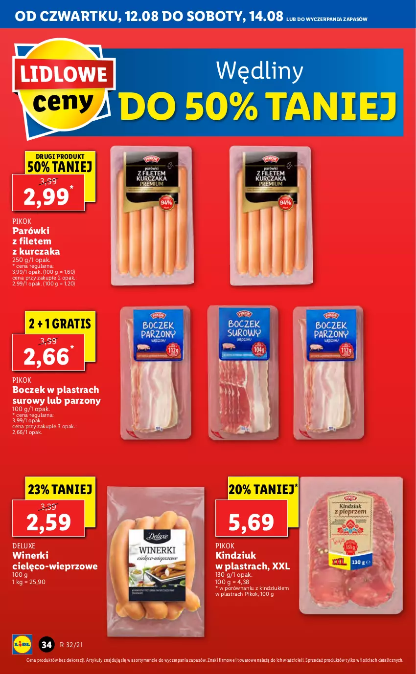 Gazetka promocyjna Lidl - GAZETKA - ważna 12.08 do 14.08.2021 - strona 34 - produkty: Boczek, Gra, Kindziuk, Kurczak, Parówki, PIKOK, Por