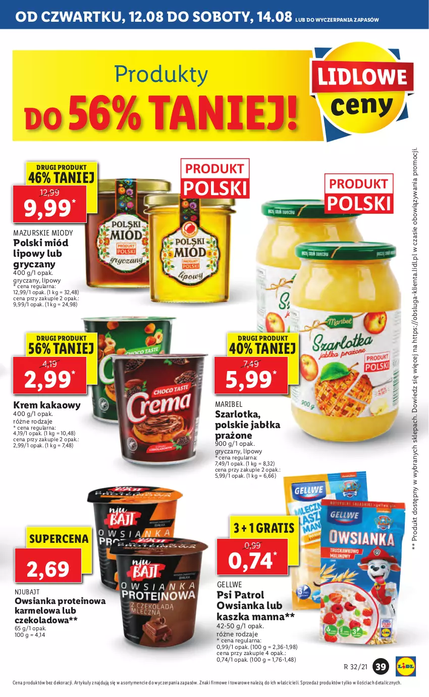 Gazetka promocyjna Lidl - GAZETKA - ważna 12.08 do 14.08.2021 - strona 39 - produkty: Gra, Gry, Jabłka, Jabłka prażone, Kakao, Miód, Owsianka, Psi Patrol, Szarlotka