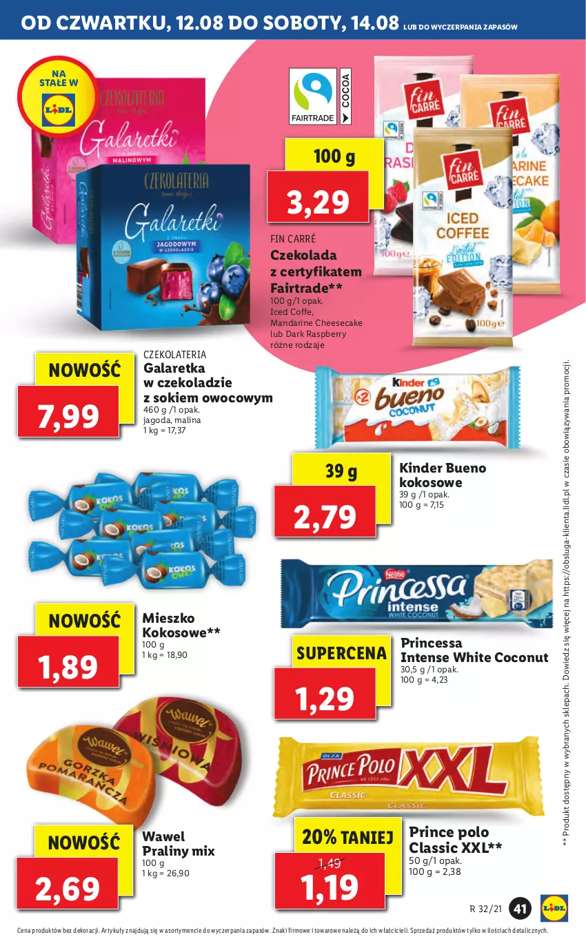 Gazetka promocyjna Lidl - GAZETKA - ważna 12.08 do 14.08.2021 - strona 41 - produkty: Czekolada, Fa, Gala, Galaretka, Kinder, Kinder Bueno, Kokos, Praliny, Prince Polo, Princessa, Sok, Wawel