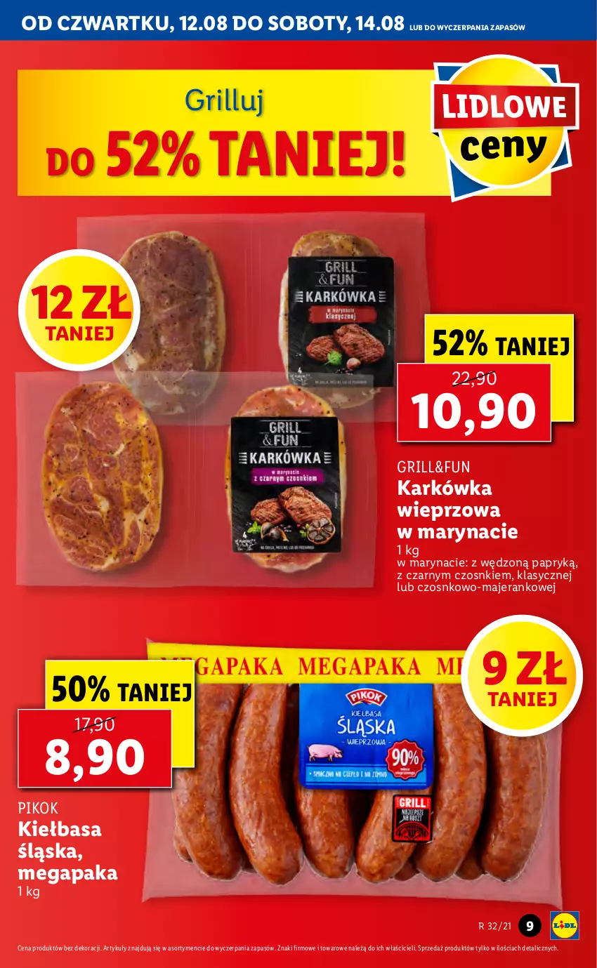 Gazetka promocyjna Lidl - GAZETKA - ważna 12.08 do 14.08.2021 - strona 9 - produkty: Grill, Karkówka wieprzowa, Kiełbasa, Kiełbasa śląska, PIKOK