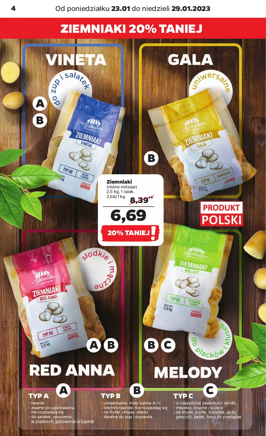 Gazetka promocyjna Netto - Artykuły spożywcze - ważna 23.01 do 29.01.2023 - strona 4 - produkty: Chipsy, Fa, Frytki, Gnocchi, Kopytka, Lack, Pur, Sałat, Ziemniaki