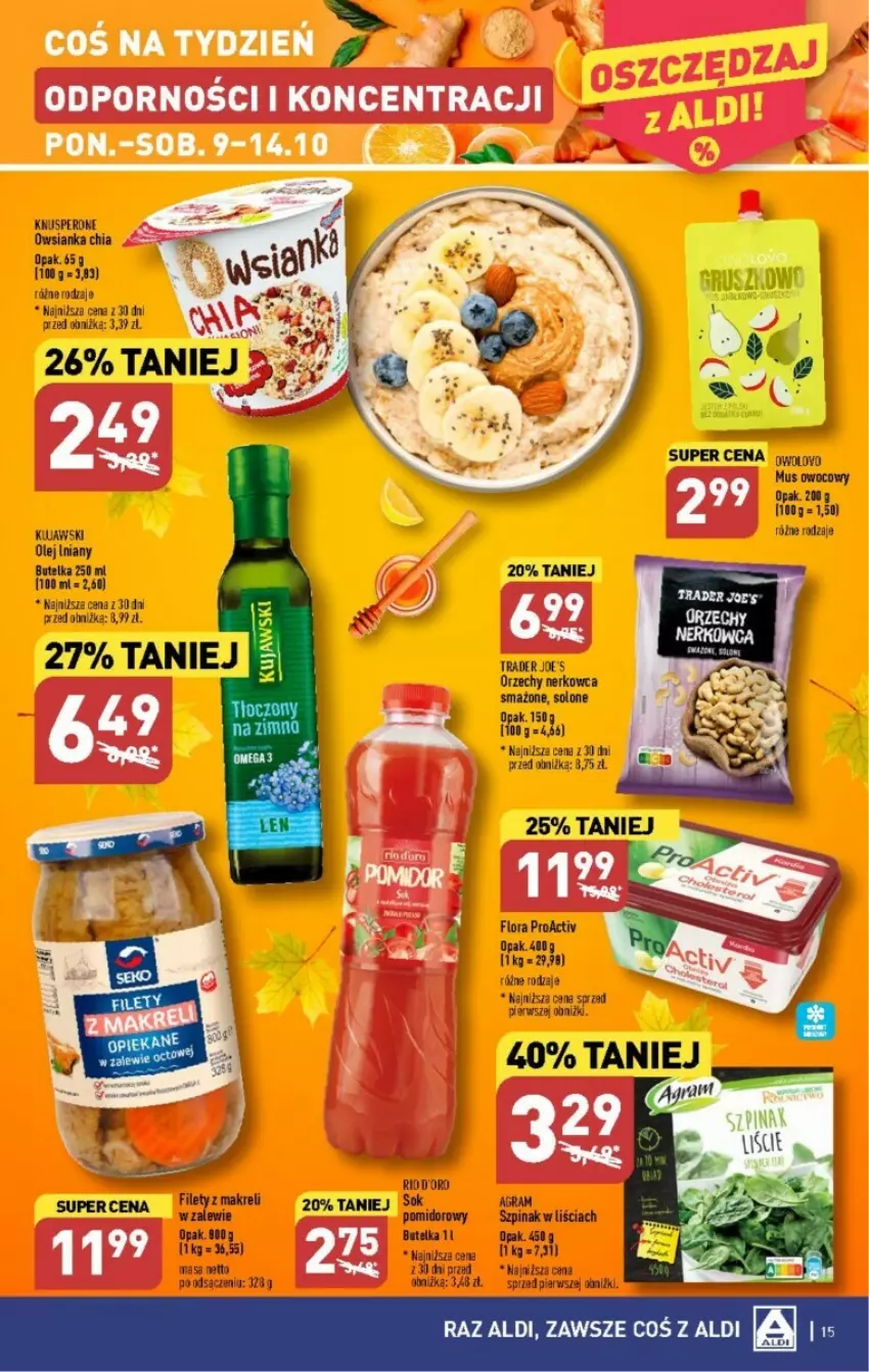 Gazetka promocyjna Aldi - ważna 09.10 do 14.10.2023 - strona 7 - produkty: Chia, Flora, Gra, Kujawski, Mus, Olej, Owsianka, Sok, Szpinak