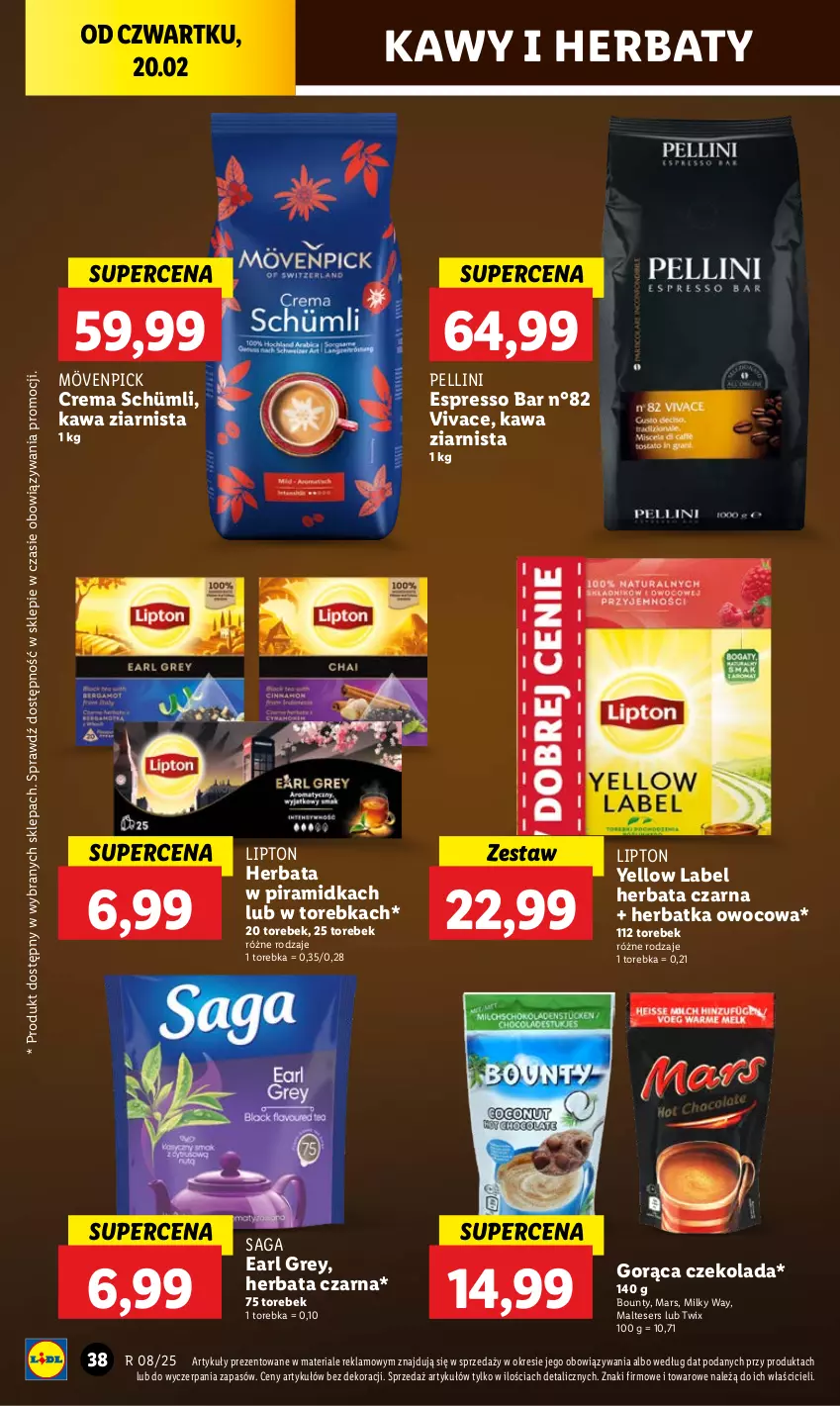 Gazetka promocyjna Lidl - GAZETKA - ważna 20.02 do 22.02.2025 - strona 44 - produkty: Bounty, Czekolada, Earl Grey, Herbata, Herbata czarna, Kawa, Kawa ziarnista, Lipton, Mars, Milky Way, Saga, Ser, Torebka, Twix