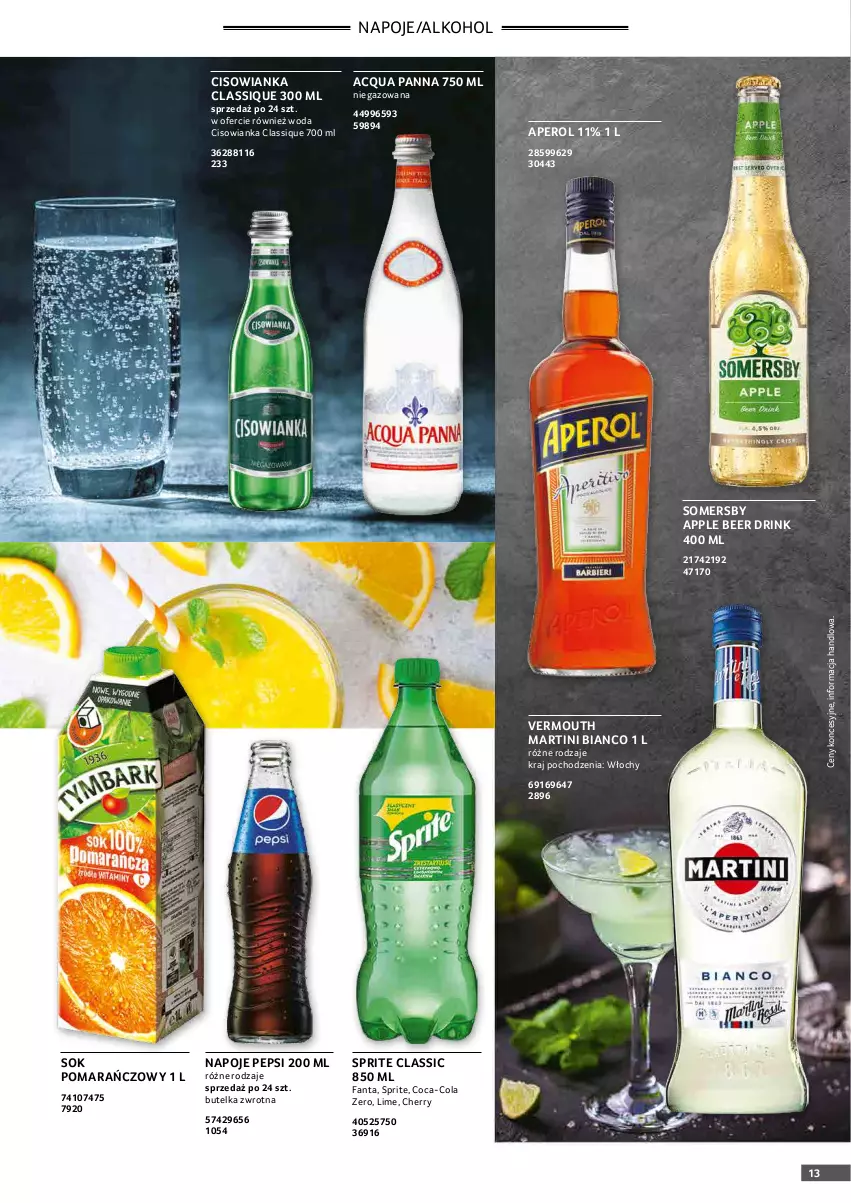 Gazetka promocyjna Selgros - Oferta gastronomiczna - ważna 31.03 do 06.04.2022 - strona 13 - produkty: Acqua Panna, Aperol, Cisowianka, Coca-Cola, Fa, Fanta, Martini, Napoje, Pepsi, Sok, Sok pomarańczowy, Somersby, Sprite, Vermouth, Woda