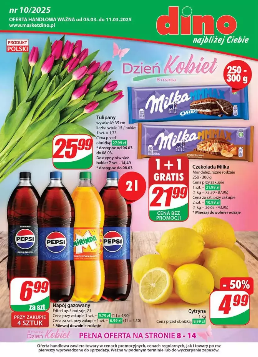 Gazetka promocyjna Dino - ważna 05.03 do 11.03.2025 - strona 1 - produkty: Bukiet, Czekolada, Milka, Napój, Napój gazowany, Sok, Tulipan