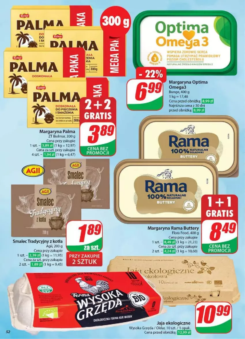 Gazetka promocyjna Dino - ważna 05.03 do 11.03.2025 - strona 48 - produkty: Flora, Jaja, Margaryna, Optima, Optima Omega3, Palma, Rama, Smalec, Sok, Wiko