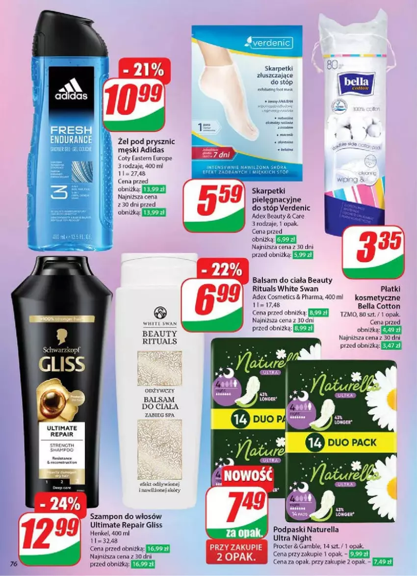 Gazetka promocyjna Dino - ważna 05.03 do 11.03.2025 - strona 74 - produkty: Adidas, Balsam do ciała, Bell, Bella, Karp, Naturell, Naturella, Podpaski, Skarpetki, Szampon