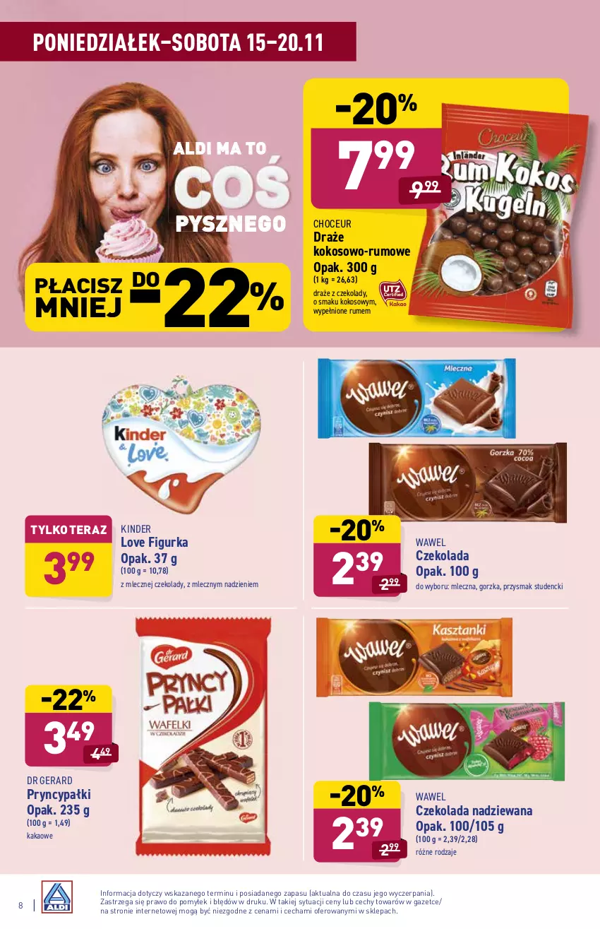 Gazetka promocyjna Aldi - Katalog spożywczy - ważna 15.11 do 20.11.2021 - strona 8 - produkty: Czekolada, Czekolada nadziewana, Dr Gerard, Kakao, Kinder, Kokos, Rum, Tera, Wawel