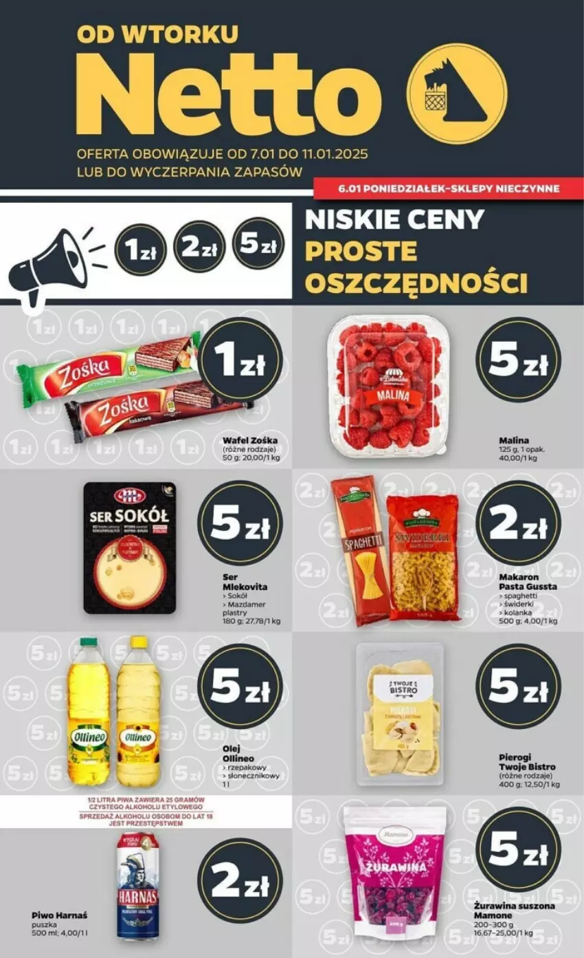 Gazetka promocyjna Netto - ważna 07.01 do 11.01.2025 - strona 1 - produkty: Fa, Harnaś, Makaron, Mazdamer, Olej, Pierogi, Piwo, Ser, Sok, Sokół