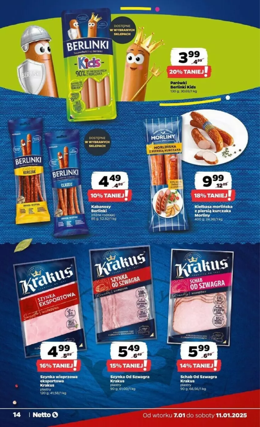 Gazetka promocyjna Netto - ważna 07.01 do 11.01.2025 - strona 6 - produkty: Berlinki, Gra, Krakus, Kurczak, Morliny, Parówki, Szynka, Szynka wieprzowa