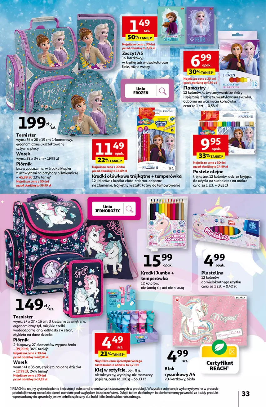 Gazetka promocyjna Auchan - Gazetka Tanie Zakupy Hipermarket Auchan - ważna 03.08 do 09.08.2023 - strona 33 - produkty: Danio, Flamastry, Frozen, Jednorożec, Kredka, Mars, Mus, Olej, Papier, Pastele olejne, Piec, Piórnik, Plastelina, Por