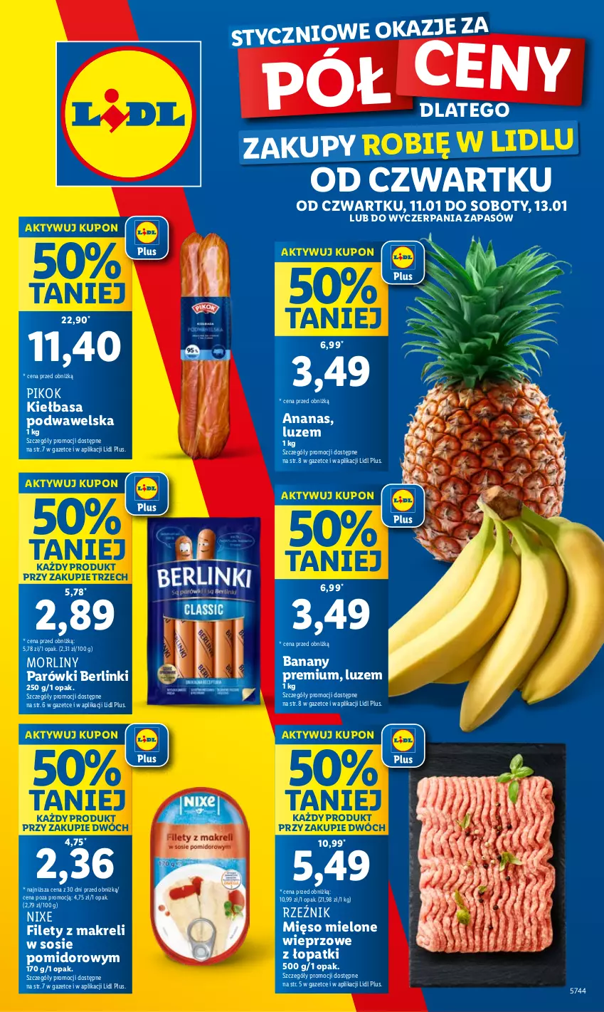 Gazetka promocyjna Lidl - GAZETKA - ważna 11.01 do 13.01.2024 - strona 1 - produkty: Ananas, Banany, Berlinki, Kiełbasa, Kiełbasa podwawelska, Mięso, Mięso mielone, Morliny, Parówki, PIKOK, Sos, Wawel