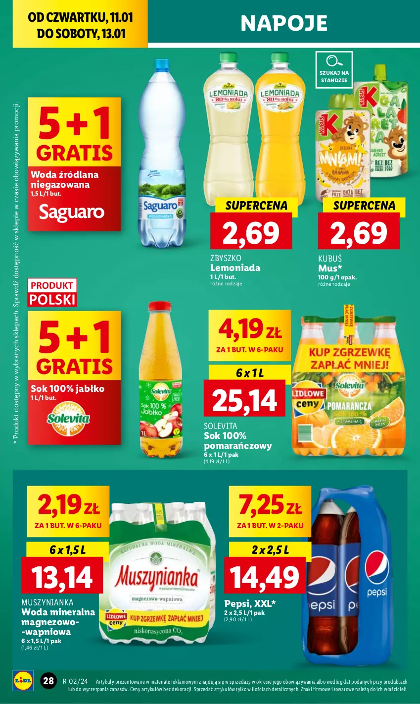 Gazetka promocyjna Lidl - GAZETKA - ważna 11.01 do 13.01.2024 - strona 30 - produkty: Gra, Kubuś, LANA, Lemoniada, Magnez, Mus, Muszynianka, Napoje, Pepsi, Sok, Woda, Woda mineralna