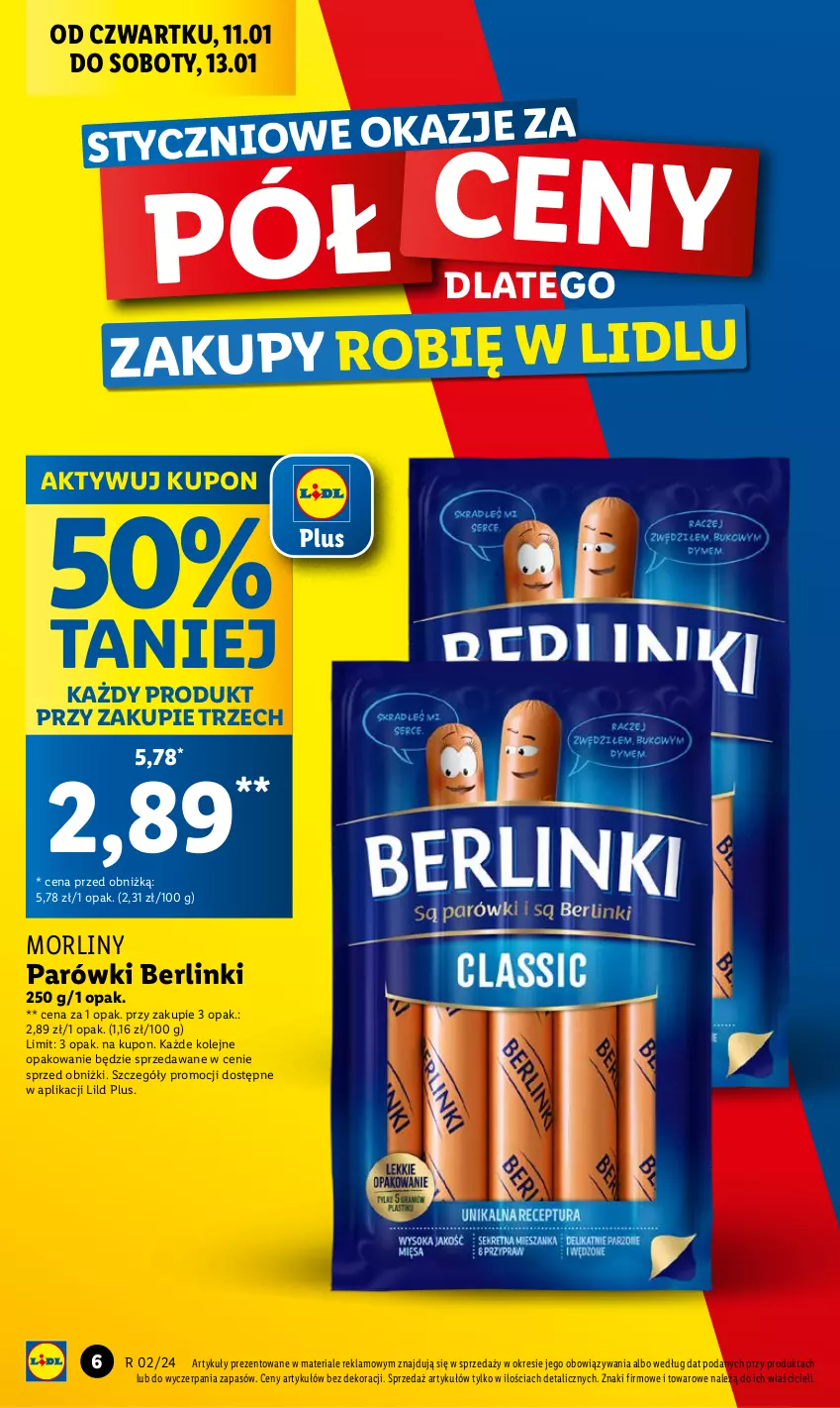 Gazetka promocyjna Lidl - GAZETKA - ważna 11.01 do 13.01.2024 - strona 6 - produkty: Berlinki, Morliny, Olej, Parówki