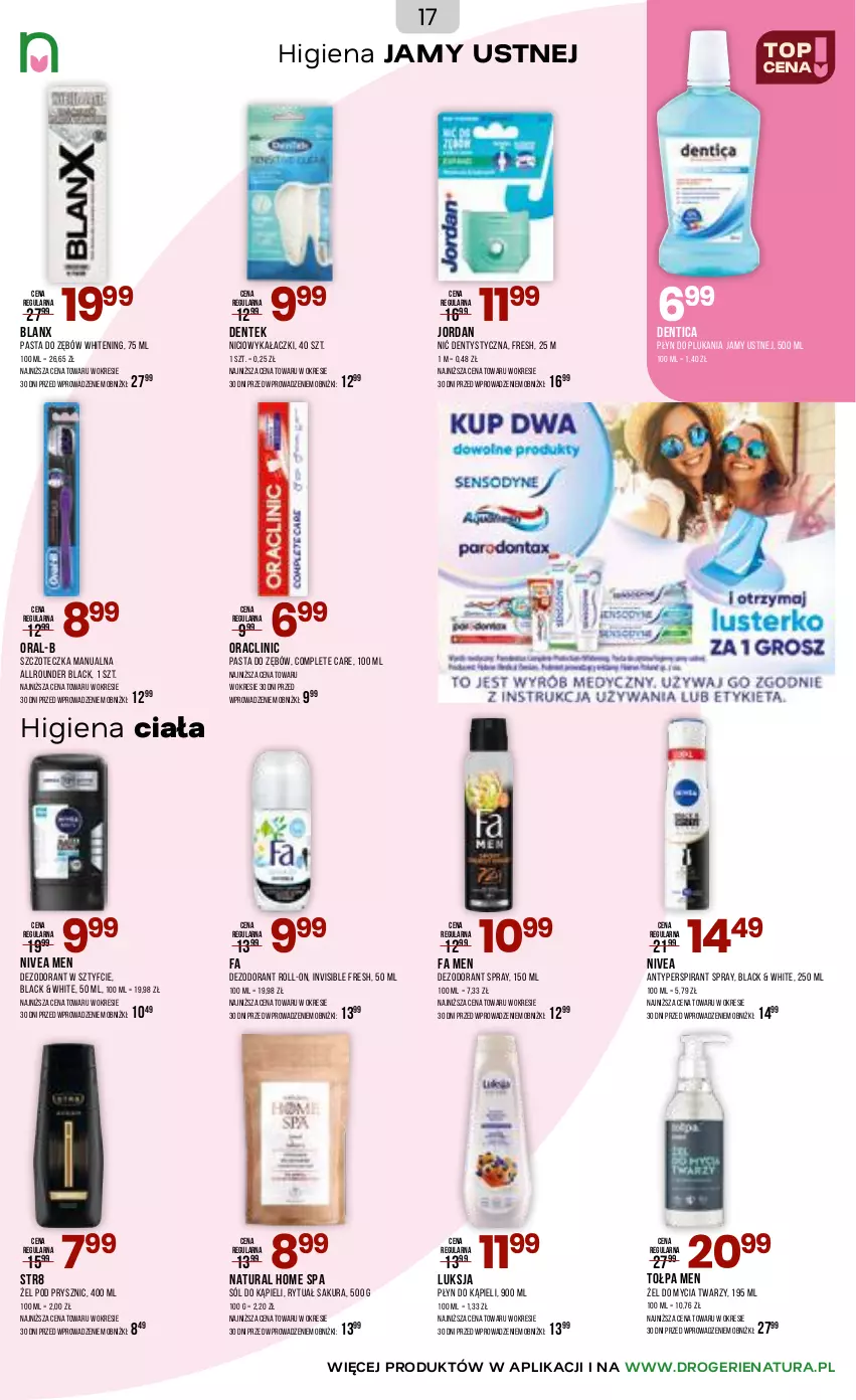 Gazetka promocyjna Drogerie Natura - Gazetka Drogerie Natura - ważna 17.04 do 05.05.2026 - strona 17 - produkty: Antyperspirant, Clin, Dezodorant, Fa, Higiena jamy ustnej, Lack, Luksja, Nić dentystyczna, Nivea, Nivea Men, Pasta do zębów, Płyn do kąpieli, Sól, Sól do kąpieli, Str8, Szczoteczka, Tołpa