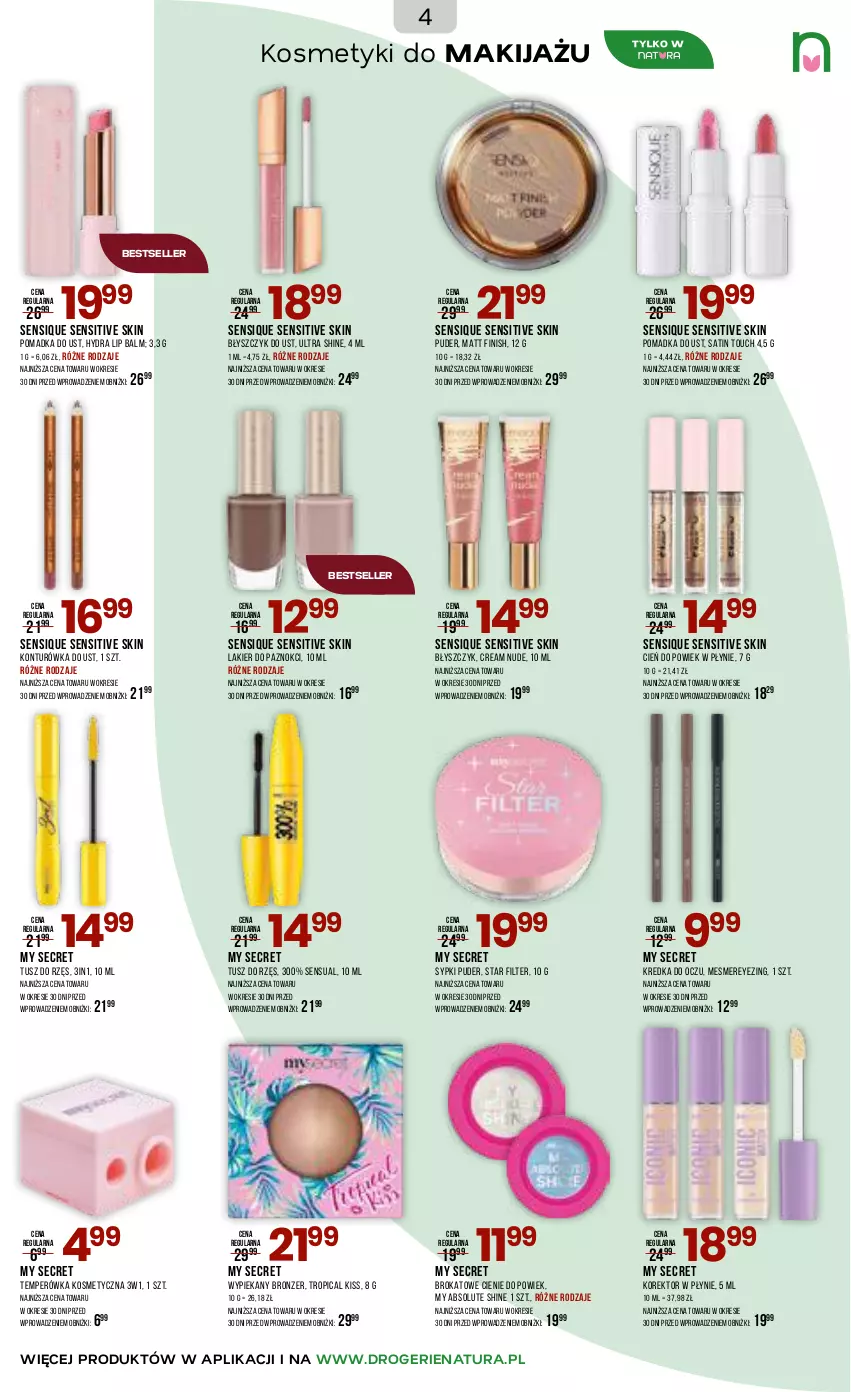 Gazetka promocyjna Drogerie Natura - Gazetka Drogerie Natura - ważna 17.04 do 05.05.2026 - strona 4 - produkty: Absolut, Błyszczyk do ust, Bronzer, Cień, Finish, Konturówka do ust, Kredka, Lakier, Lakier do paznokci, Makijaż, Puder, Sati, Sensual, Tropical, Tusz