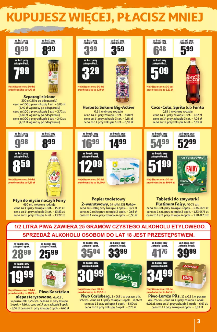 Gazetka promocyjna Auchan - ATAC Hiper Discount by - ważna 05.06 do 25.06.2025 - strona 3 - produkty: Carlsberg, Coca-Cola, Do mycia naczyń, Fa, Fairy, Fanta, Gra, Herbata, Kasztelan, Papier, Papier toaletowy, Piwo, Płyn do mycia, Płyn do mycia naczyń, Rolki, Sprite, Tablet, Tabletki do zmywarki, Zmywarki