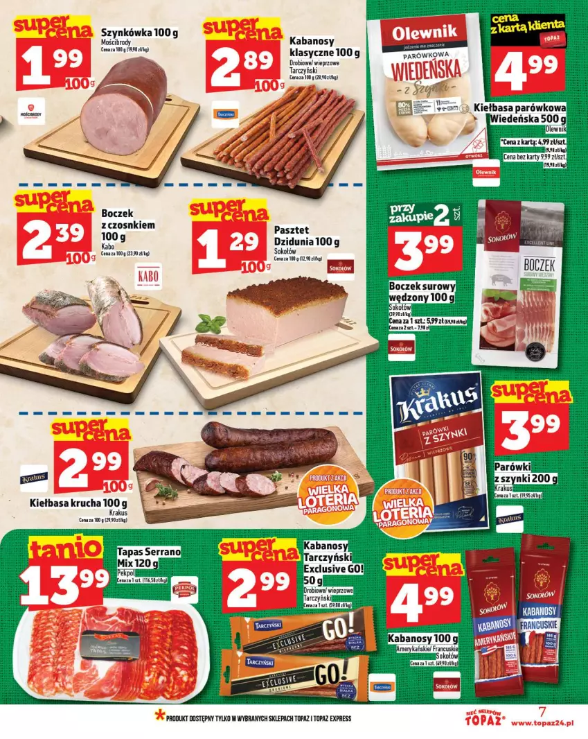 Gazetka promocyjna Topaz - Gazetka - ważna 04.09 do 10.09.2025 - strona 7 - produkty: Boczek, Kabanos, Kiełbasa, Kiełbasa krucha, Krakus, Sok, Sokołów, Tarczyński, Top